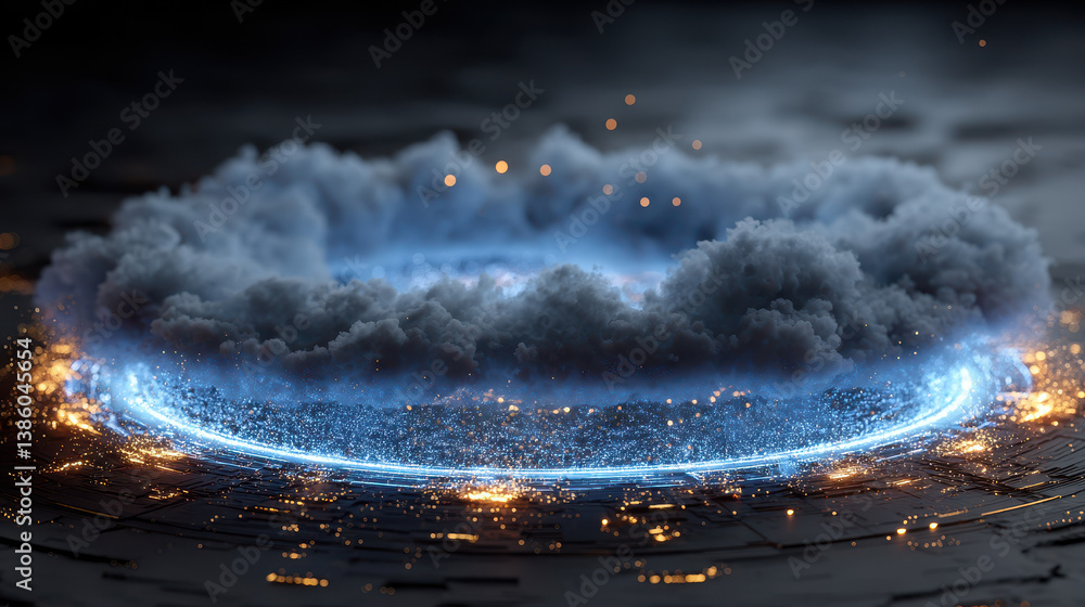 Poster futuristic lab under attack features defensive ai core emitting blue energy waves surrounded by host