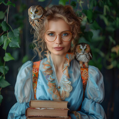 A young woman with curly blonde hair and round glasses poses with a book and a small owl perched on her shoulder. She wears a floral blue dress and stands against a leafy, scholarly backdrop.