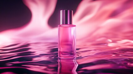 Naklejka premium Soft-focus beauty essence bottle on a rippling water bed with subtle neon accents.