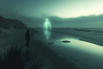 Fototapeta premium Artwork Depicts Lone, Silhouetted Figure Standing Beach Twilight, Observing Translucent, Ethereal Human-Like Form Shallows. Scene Is Atmospheric Evokes Sense Mystery Unknown.