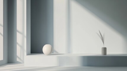 White Sphere, Vase with Grass, and Light Patterns on a Platform