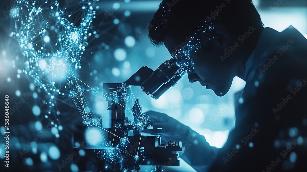 Poster scientist utilizing advanced technology with high-tech microscope