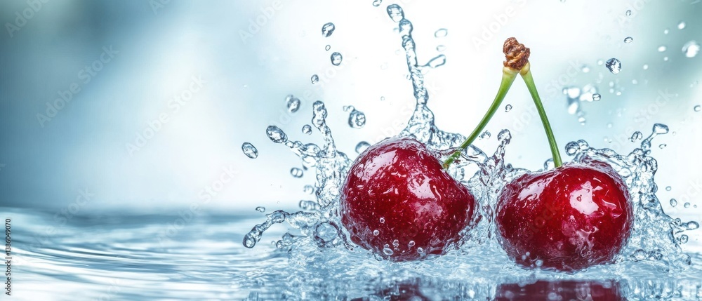 Poster two fresh cherries splashing in clear water creating a refreshing and vibrant visual with a clean ba
