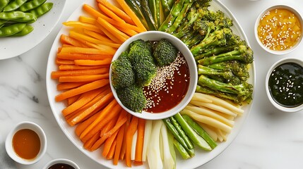 A colorful platter of fresh vegetables, including carrots, celery, and broccoli, arranged in a circular manner around a central bowl of dipping sauce garnished with sesame seeds