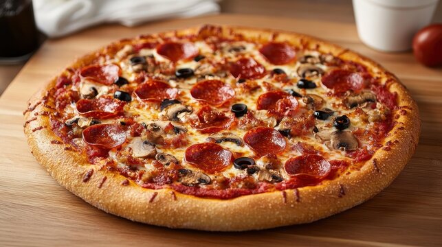 A high-angle shot of a homemade pizza with various toppings like pepperoni, mushrooms, and olives, on a wooden table, on a white background