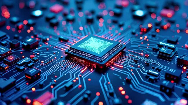 Illuminated semiconductor microchip processor on circuit board with glowing blue and red neon connections. Futuristic cpu technology with integrated electronic components. Digital computing hardware