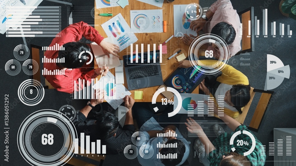 Poster top view of business people working financial graph with global networking. smart manager working to