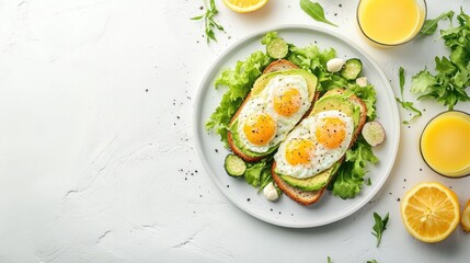 A bird is eye view of a stylish brunch setup with avocado toast, eggs benedict, and a fresh juice, on a white plate, on a white background