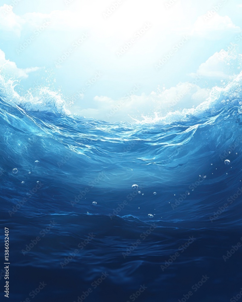 Poster serene underwater scene with bubbles and sunlight filtering through waves creating a tranquil mood