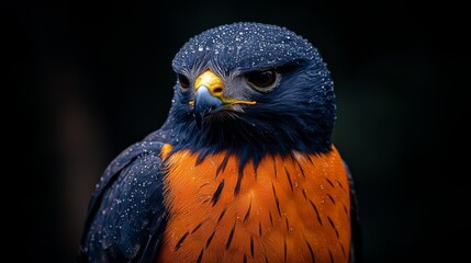 A close up of a bird of prey with water droplets on its feathers