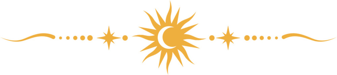 Magic border with stars and moon. Celestial mystic ornament. Astrology tarot golden element with sun symbol. Fantasy divider with spiritual decoration