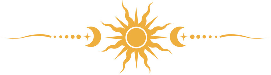 Magic border with stars and moon. Celestial mystic ornament. Astrology tarot golden element with sun symbol. Fantasy divider with spiritual decoration