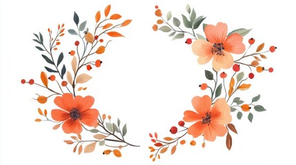 Obraz premium Watercolor floral frame with peach blossoms, leaves, and berries on white background.