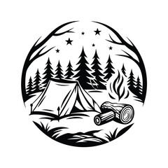 Camping with Tent, Fire, and Forest in Circle Border, Black Silhouette on White