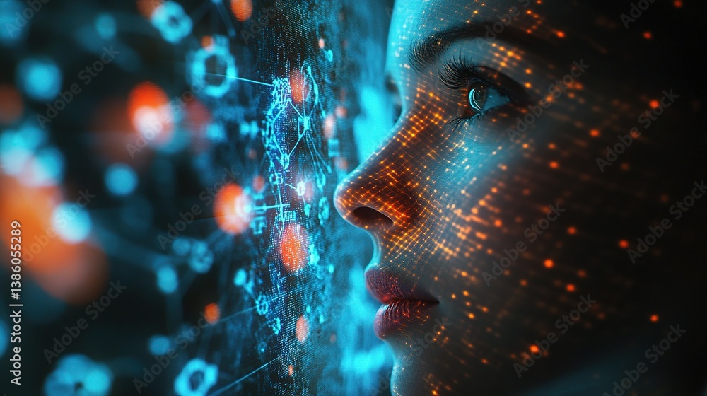 Poster close-up of scientist working in biotech lab with data visuals