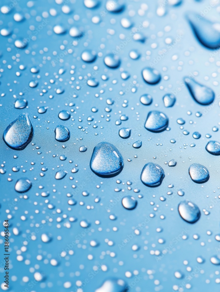 Poster captivating macro shot of water droplets on a smooth blue surface showcasing purity and freshness in