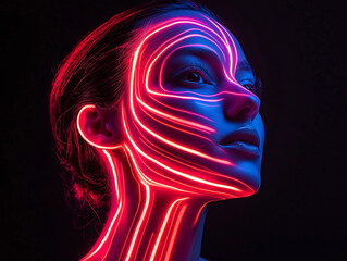 A futuristic woman&rsquo;s face illuminated by flowing neon lines in pink and red, tracing her contours in a digital, cyberpunk-inspired style against a dark background.