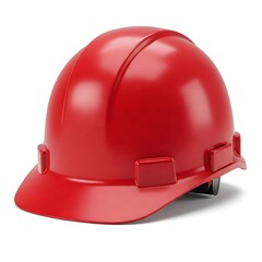 Fototapeta premium A red hard hat with a smooth, rounded design and a short brim, featuring side slots for attachments, set against a white background.