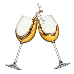 Golden wine splashes as two glasses cheers.