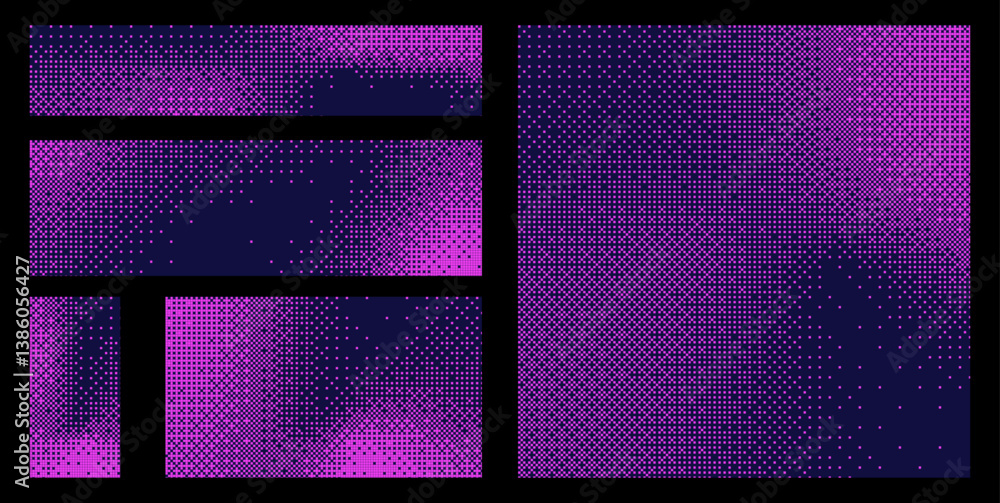 Leinwandbilder Pink pixelated bitmap texture background set. Retro pixel art, glitch dither pattern, 8 bit background. Leisure or arcade games duotone border frame. Vector illustration