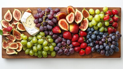 A top view of a colorful fruit and cheese platter with figs, grapes, strawberries, and brie cheese, arranged on a wooden board, on a white background