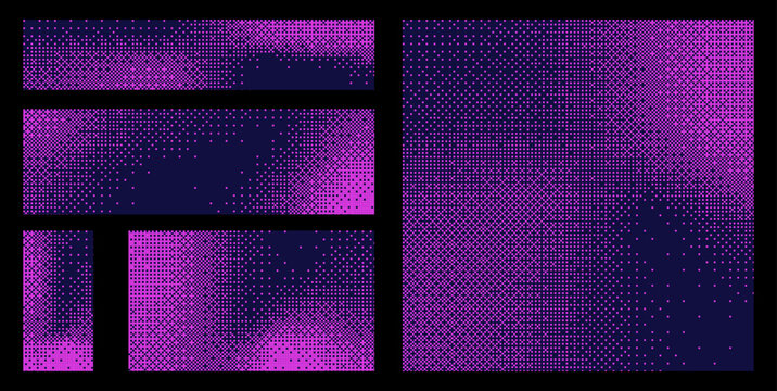 Pink pixelated bitmap texture background set. Retro pixel art, glitch dither pattern, 8 bit background. Leisure or arcade games duotone border frame. Vector illustration