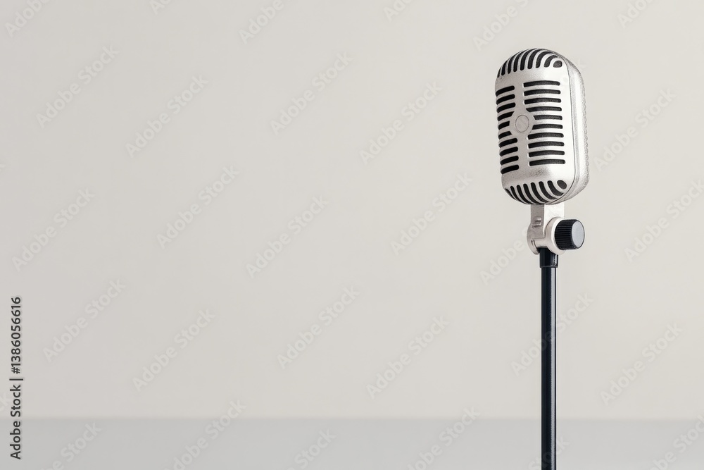 Poster monochromatic scene with vintage microphone on simple stand in empty room