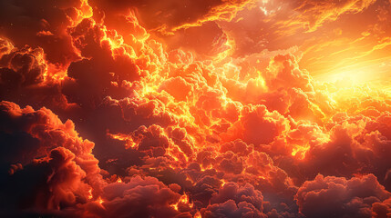 Bright orange sky with clouds and a sun in the background. The sky is filled with clouds and the sun is shining brightly