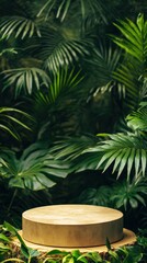 a wooden podium in a tropical jungle 