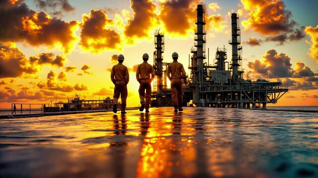 Three engineers in hardhats walk toward offshore oil platform at sunset. Golden sky reflects on water surface. Industrial petroleum refinery silhouette with drilling towers. Energy production facility