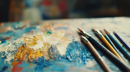 Fototapeta premium Artist's Palette with Vibrant Oil Paints and Brushes