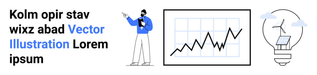 Man in blue presenting growth metrics on graph, wind turbine inside lightbulb for renewable energy. Ideal for business strategy, analytics, clean energy, presentation, progress tracking, and a simple