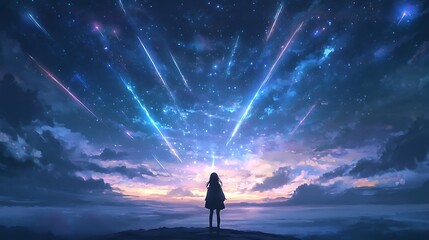 Fototapeta premium A lone person observes celestial streaks across a starry twilight sky