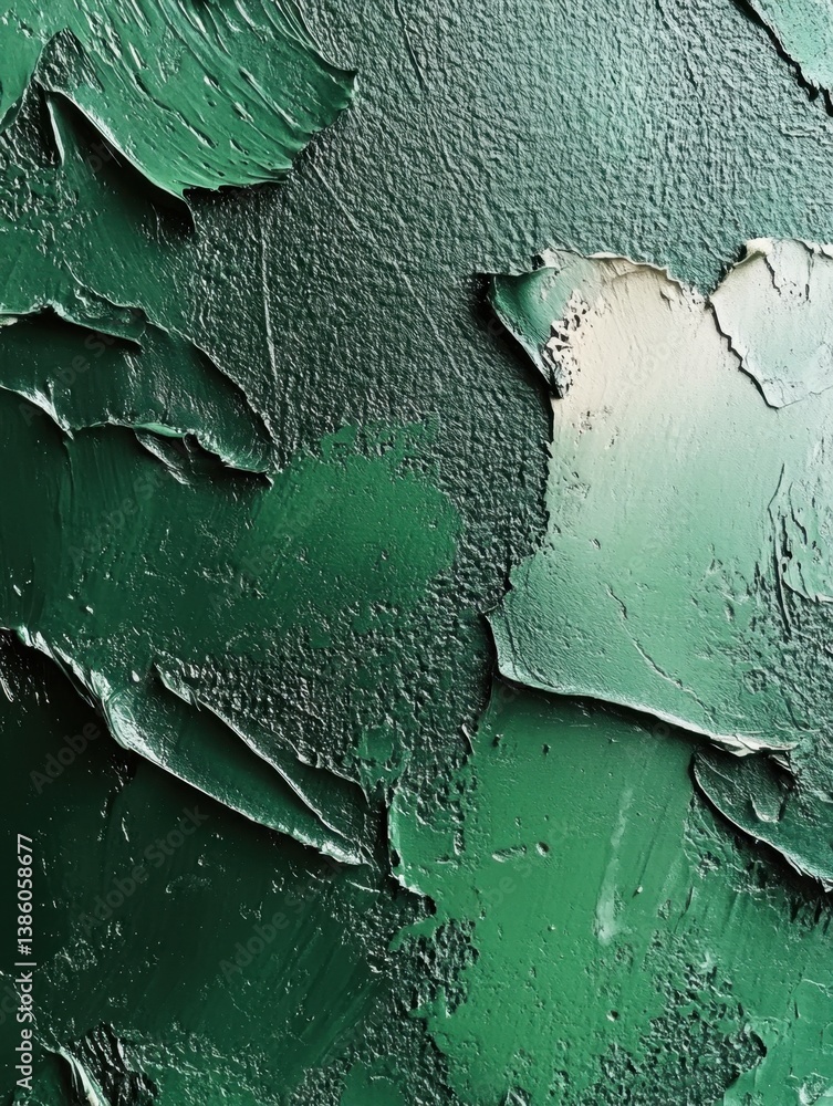 Poster emerald green impasto paint texture with rich surface detail and dynamic brushstrokes creating a vis