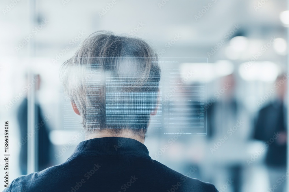 Aufkleber person intently analyzing data on digital screen while background consists of blurred colleagues