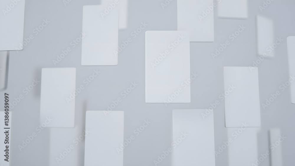 Poster a collection of white cards is arranged on a gray background with a blurred effect, creating a clean