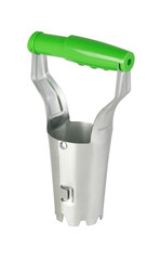 Metal bulb planter tool with green handle isolated on white background, used for gardening and planting bulbs efficiently.