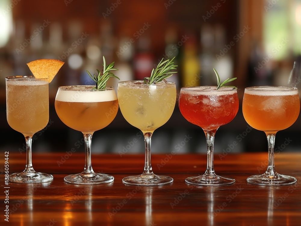 Poster elegant row of colorful cocktails on a wooden bar top with rosemary garnish and blurred background c