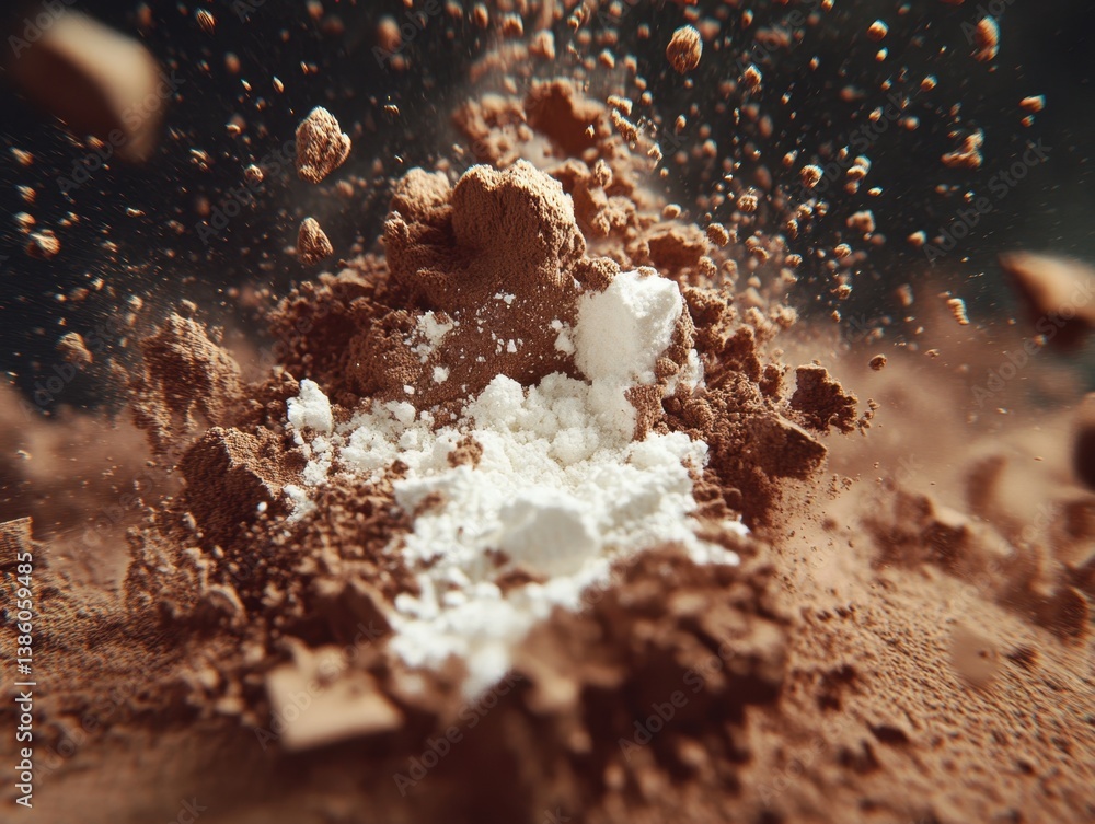 Poster dynamic explosion of brown and white powder creating a captivating abstract composition with shallow