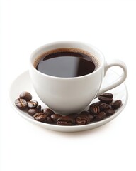 Obraz premium Aromatic coffee cup with fresh roasted beans on a white saucer creating a warm inviting atmosphere perfect for morning brew