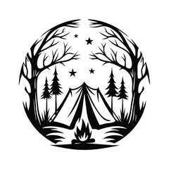 Circular Camping with Tent, Fire, Trees and Stars in Black Silhouette © Shipon