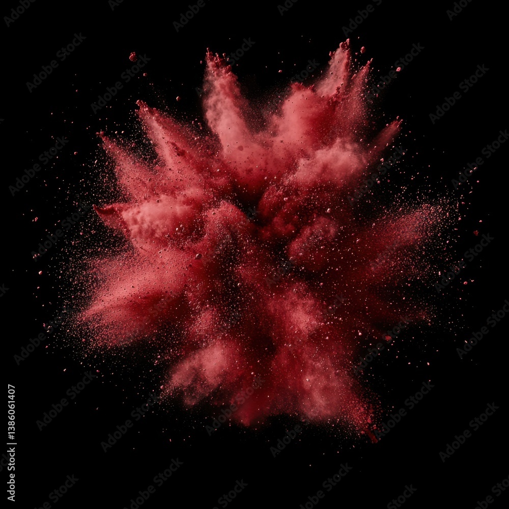 Poster dramatic explosion of vibrant red powder against a stark black background creating a dynamic abstrac