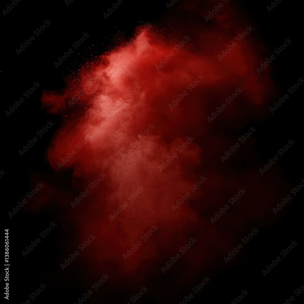 Poster dramatic explosion of vibrant red powder against a stark black backdrop creating a dynamic burst of 