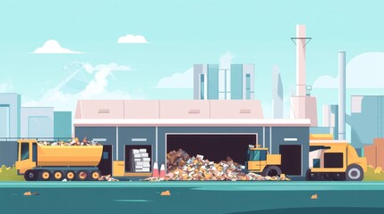 Recycling Facility with Trucks and Waste Disposal Scene