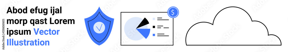 Poster shield with tick, analytics chart with pie and bar graphs, dollar sign, large cloud graphic. ideal f