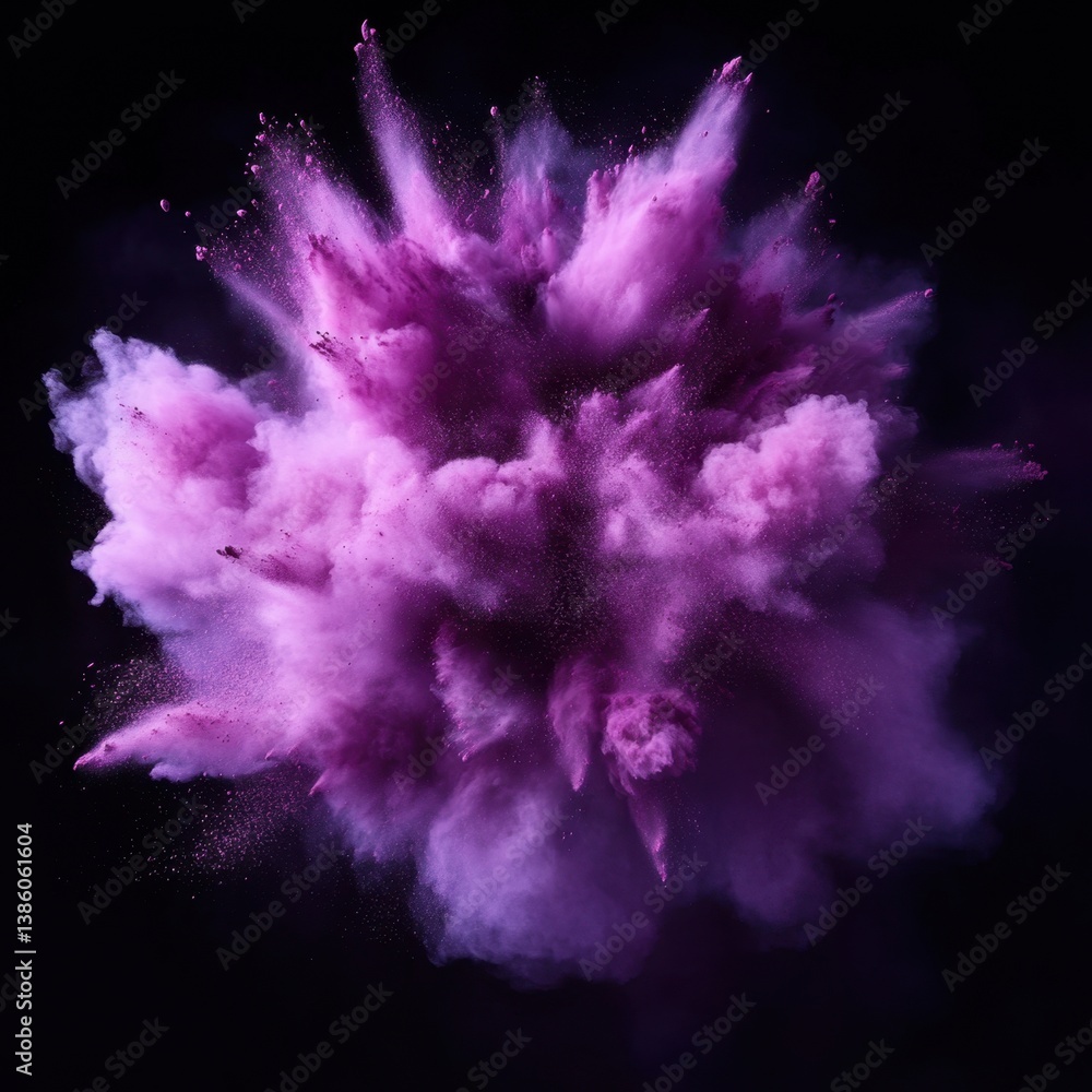 Poster captivating explosion of vibrant purple pigment against a stark black background creating a dynamic 