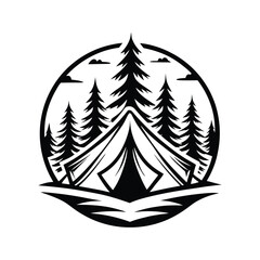 Monochrome Tent with Pine Trees in Circle on White Background