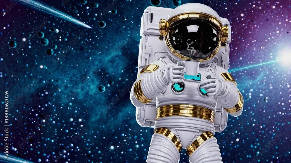 Wall mural astronaut wearing a spacesuit with golden details is floating in space, playing with a video game co