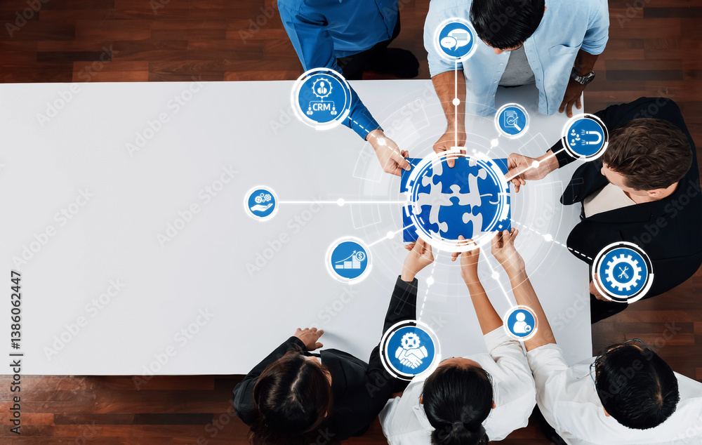 Poster aerial view of diverse professionals collaborating on business strategies using puzzle graphics to r