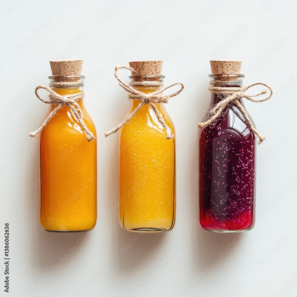 Poster vibrant assortment of colorful fruit juice bottles corked and tied with string on a clean white back